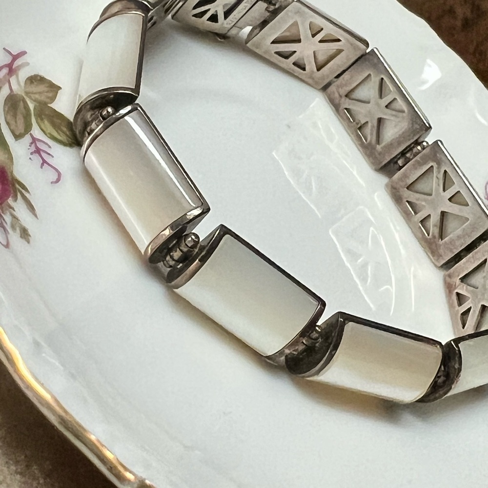 Vintage Sterling Silver Mother of Pearl Geometric Bracelet 7 1/4”